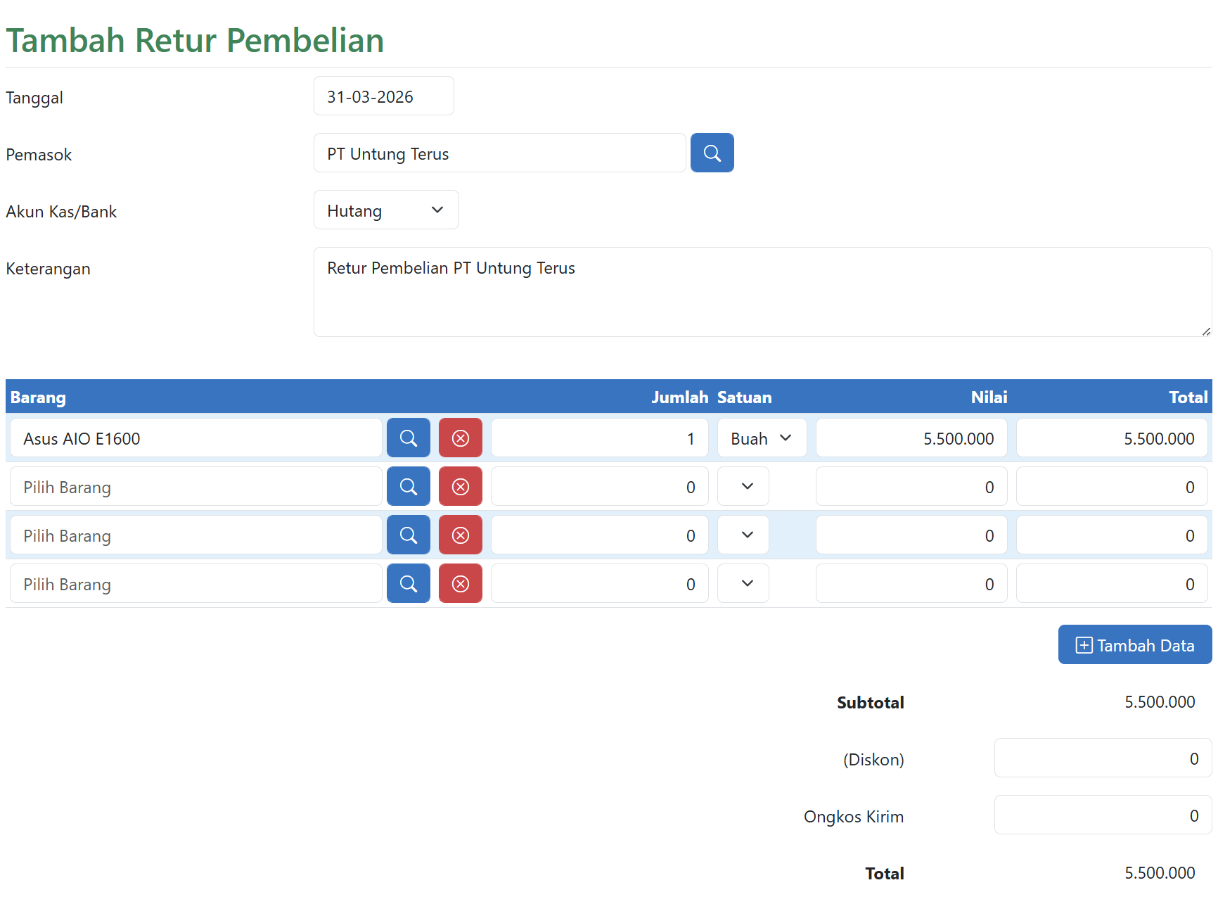 Tambah Retur Pembelian